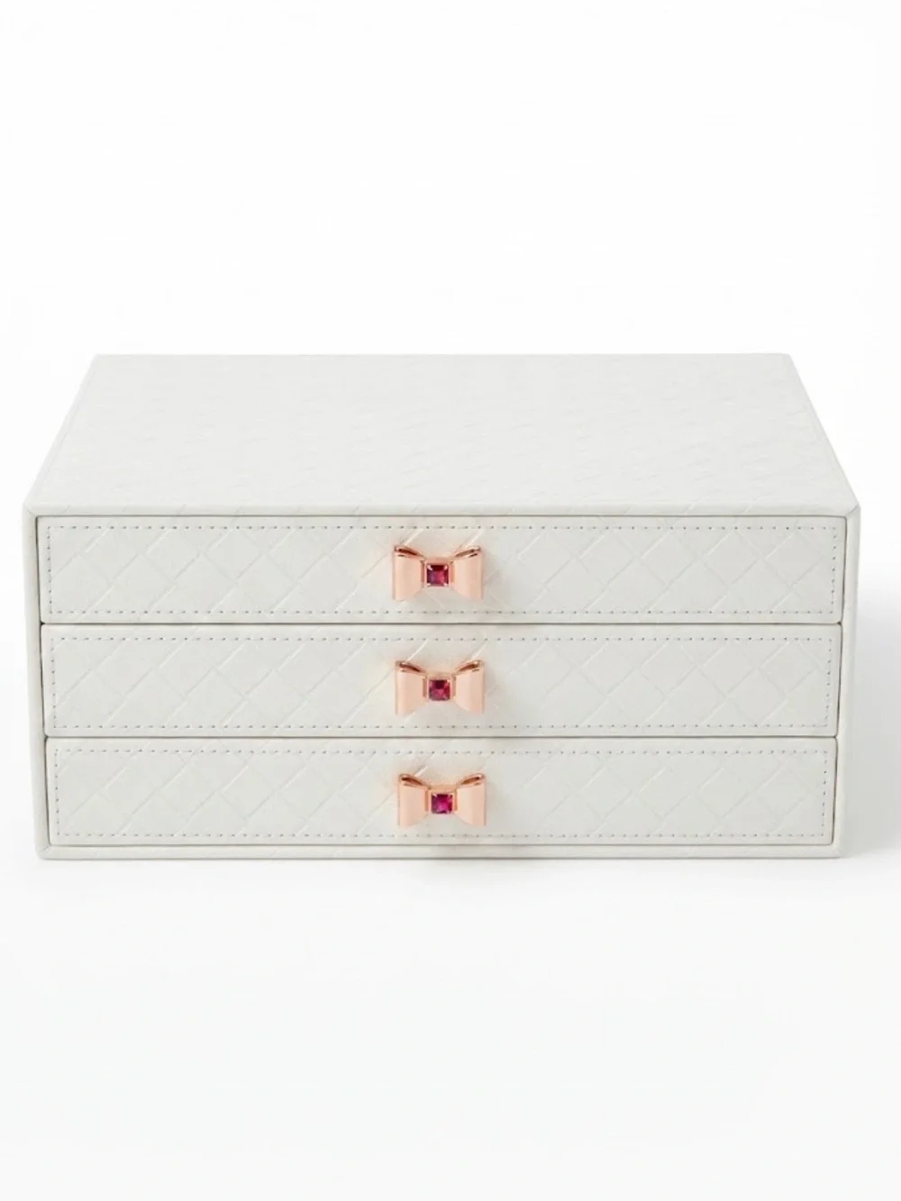 White Quilted 3-Drawer Jewelry or Cosmetic Drawers with Gold Bow Pulls